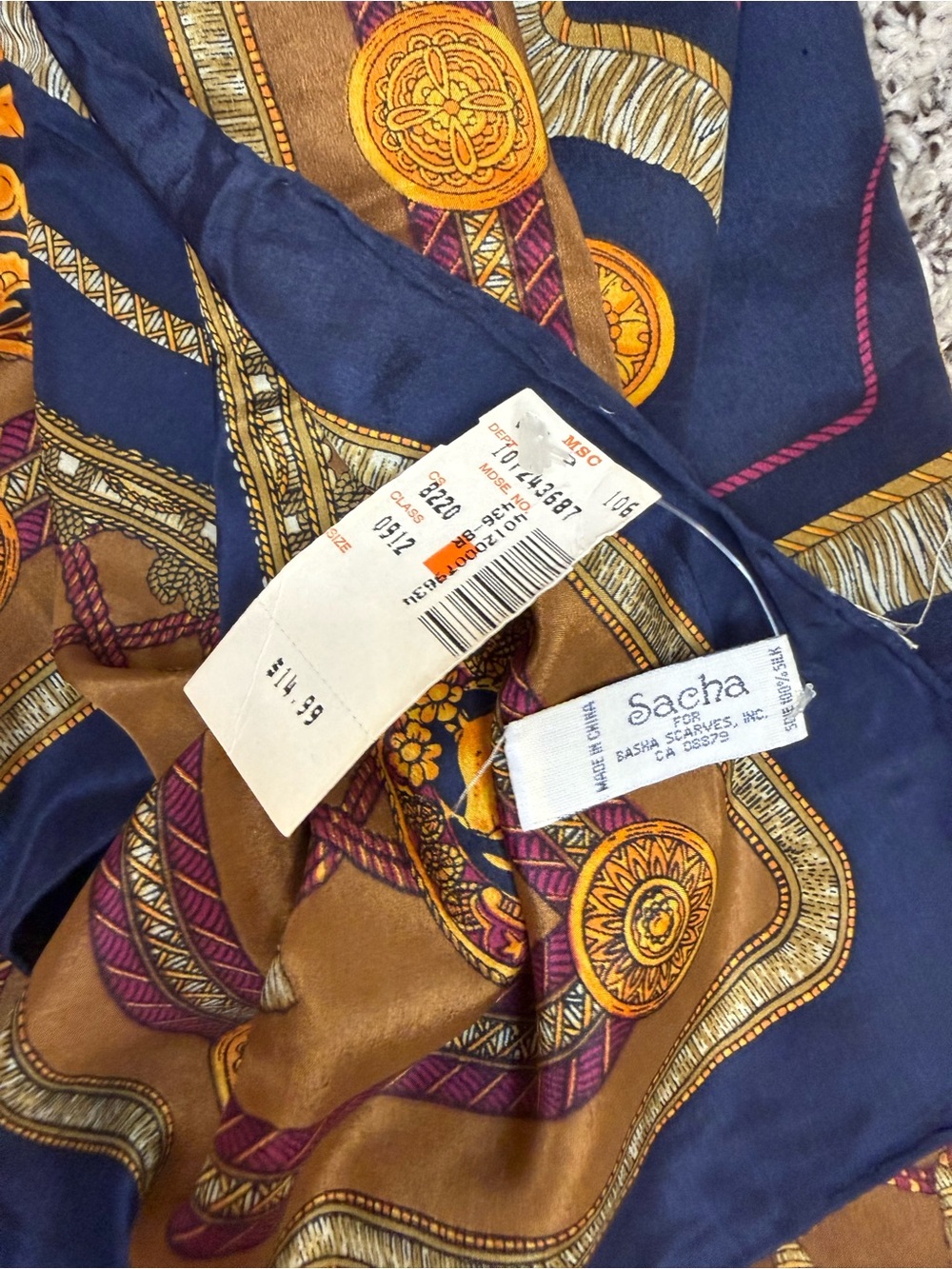Net vintage Navy and Brown Patterned Silk Scarf